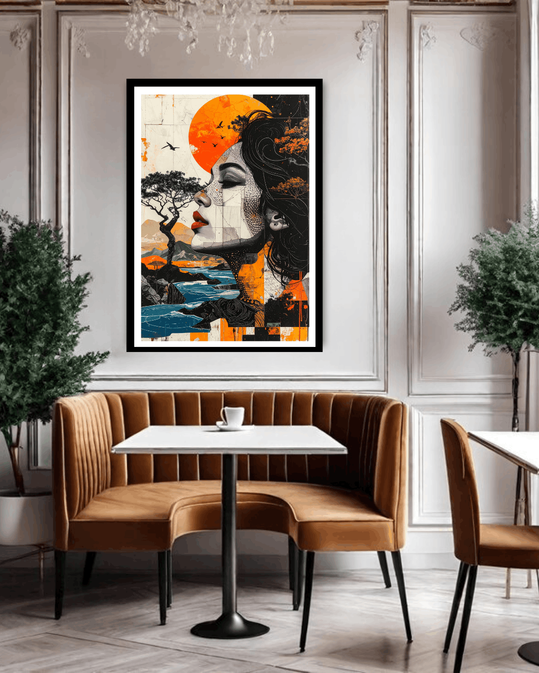 Dining room with a large abstract painting on the wall, brown booth seating, and white table.