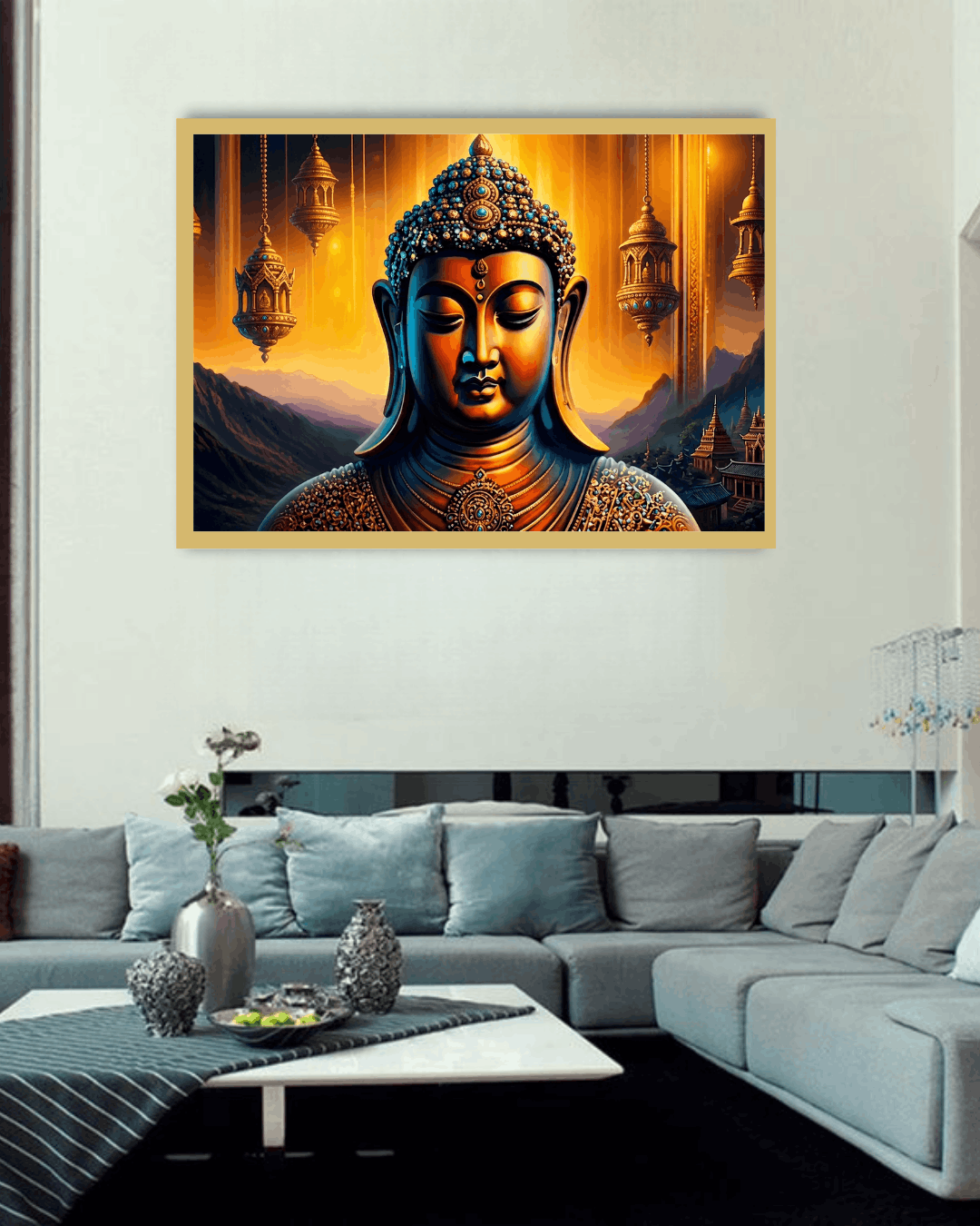 Framed artwork of a Buddha statue on a wall above a sofa in a living room.