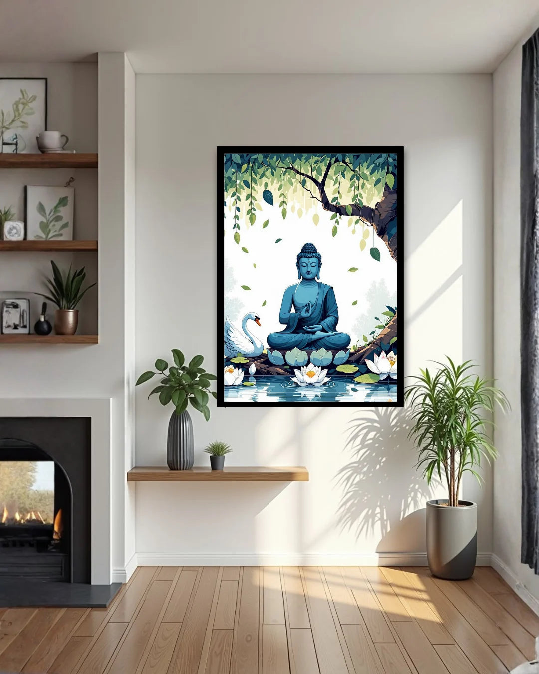 Framed artwork of a blue Buddha statue in a serene setting on a wall in a room with plants and a fireplace.
