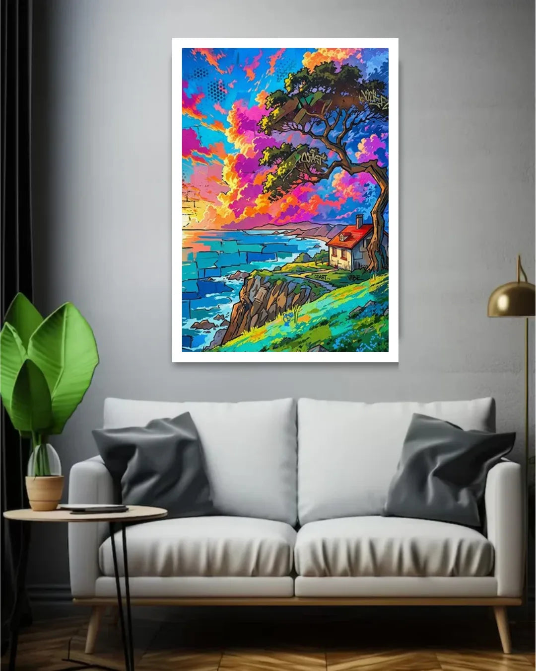 Colorful abstract landscape painting on a wall above a white sofa.