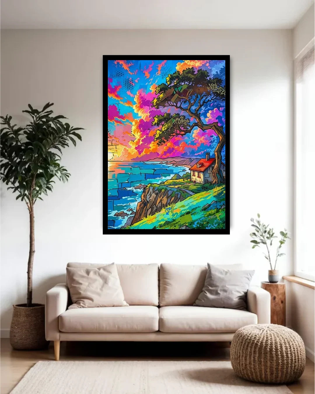 Colorful abstract painting on a wall above a beige sofa in a living room.
