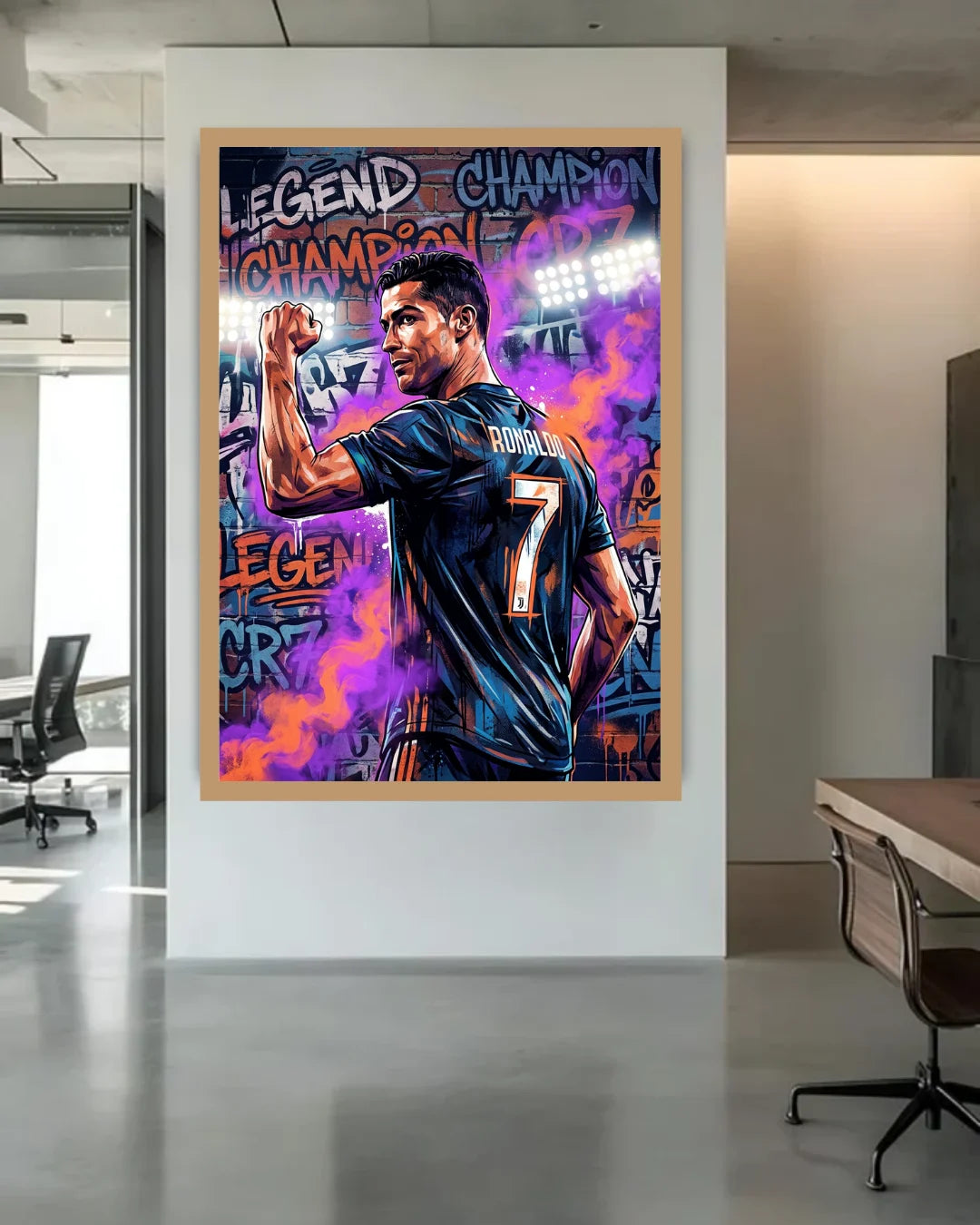 Colorful poster of a sports figure in an office setting