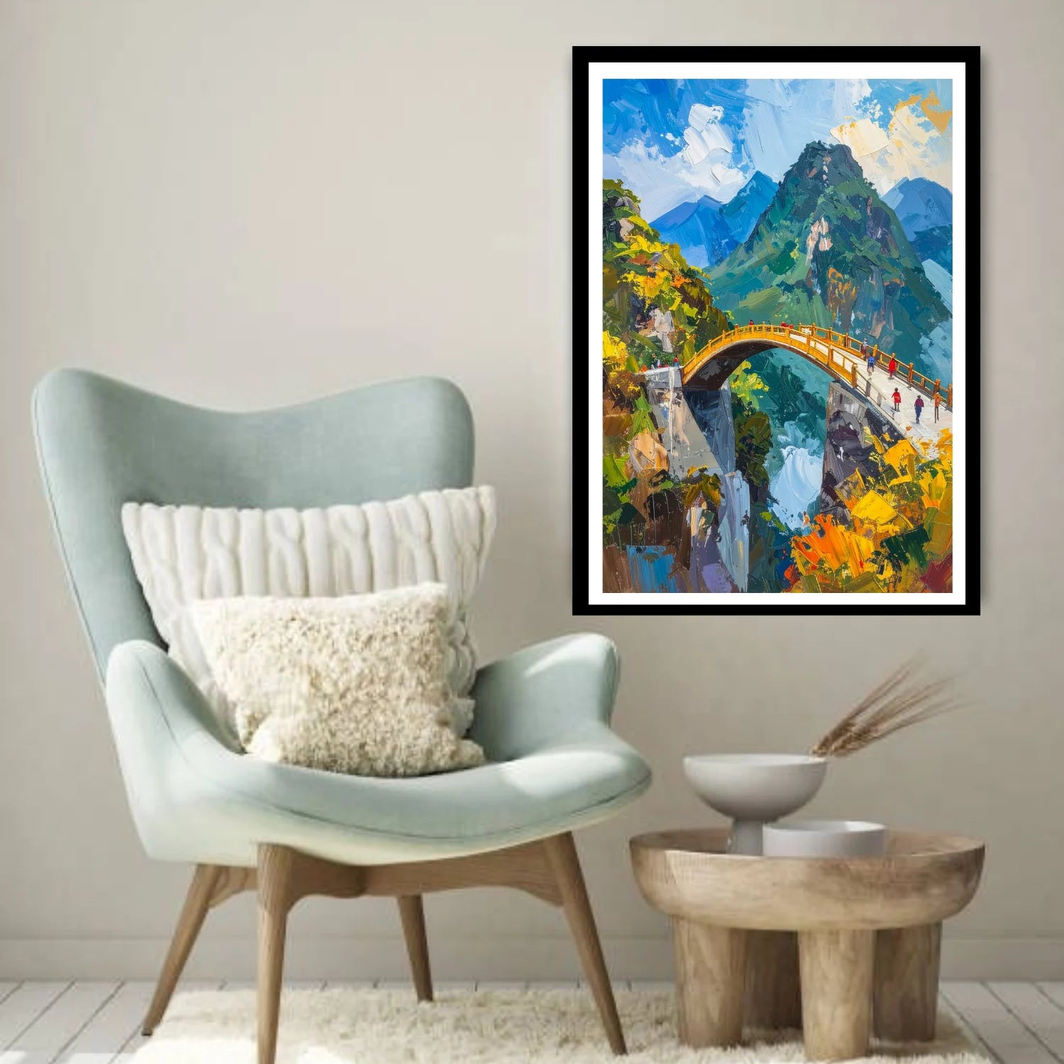 Scenic mountain bridge wall art canvas painting