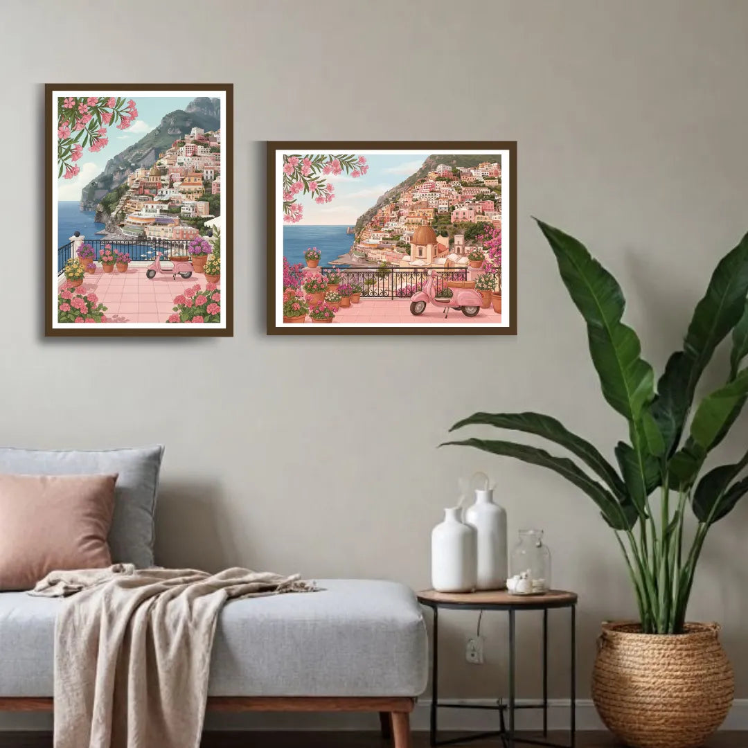 Mediterranean coastal town canvas artwork set