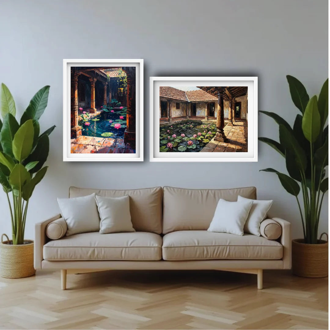 Traditional home courtyard illustration canvas artwork