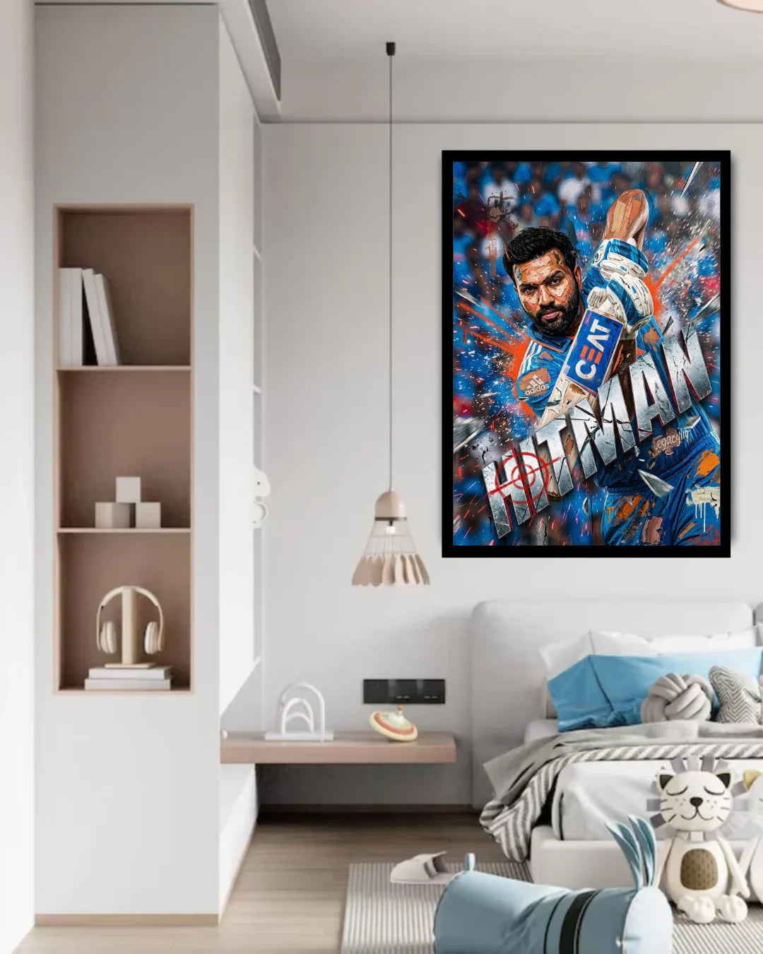 Framed sports poster of a player in a modern living room.