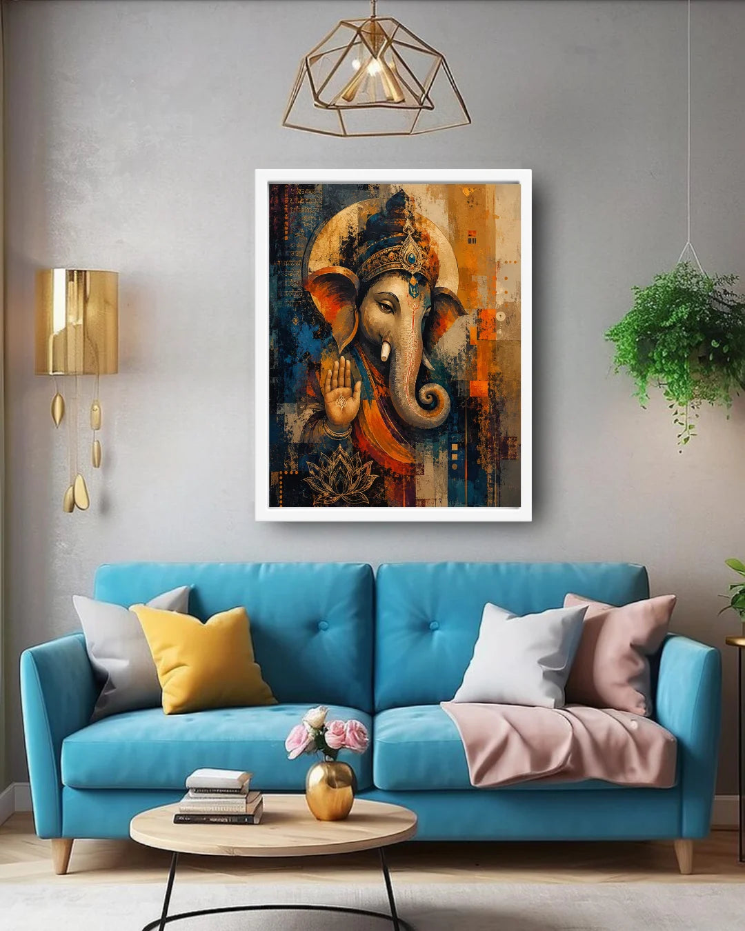Living room with a blue sofa, colorful cushions, and a framed artwork of an elephant god on the wall.