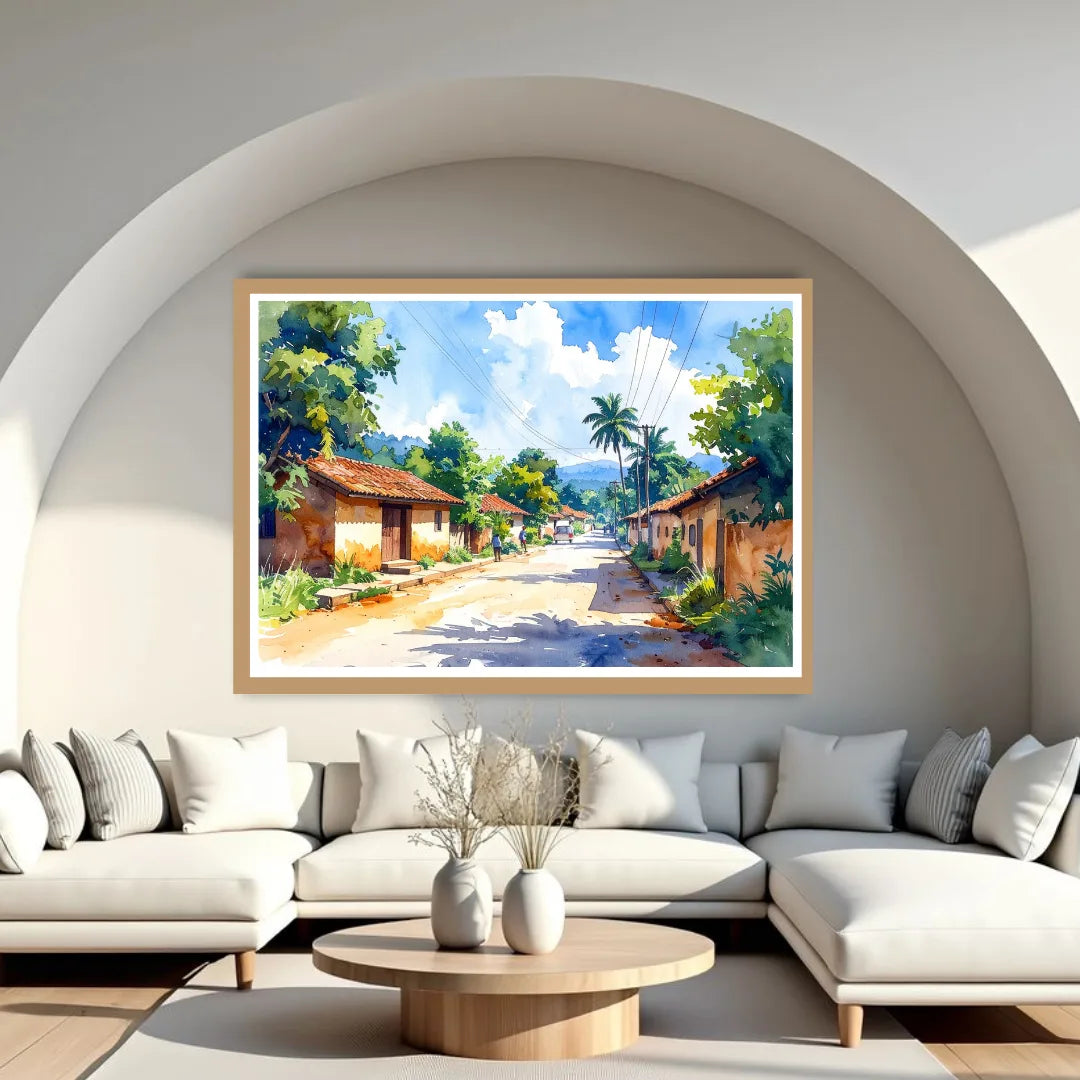 Peaceful Village Road Watercolor Painting – Wall Art Canvas