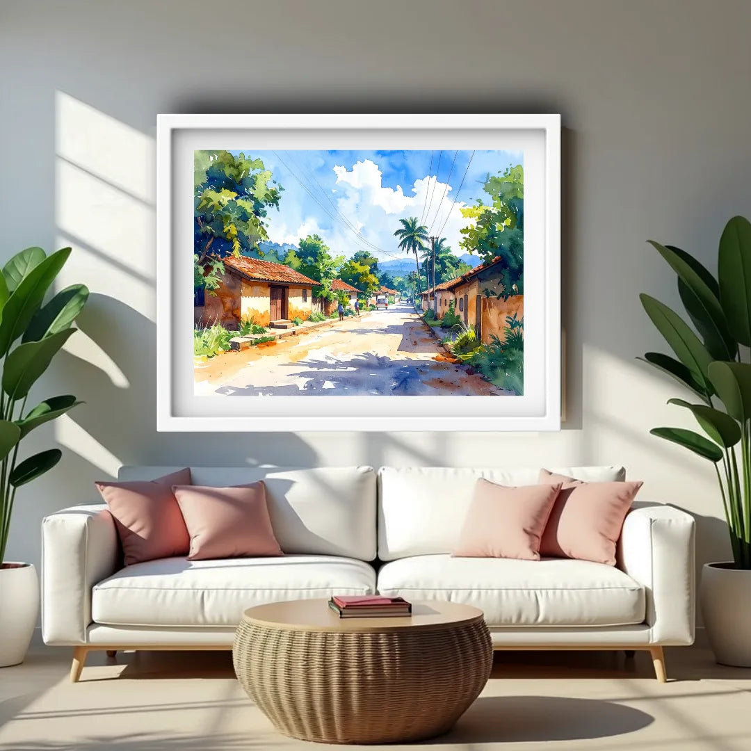 Peaceful Village Road Watercolor Painting – Wall Art Canvas