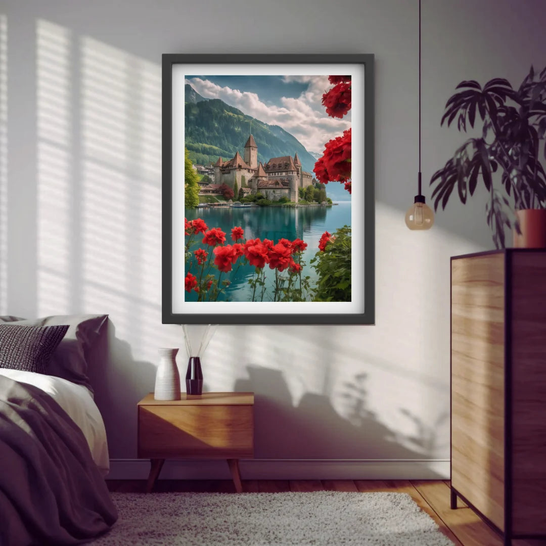Mountain nature wall art with red floral foreground for modern interiors