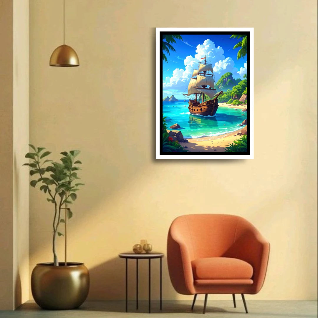 Tropical Paradise Pirate Ship Retro Canvas Art