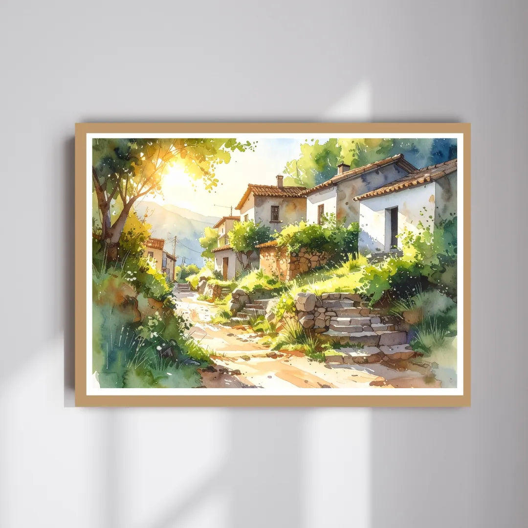 Sunlit Countryside Village Watercolor Painting – Wall Art Canvas