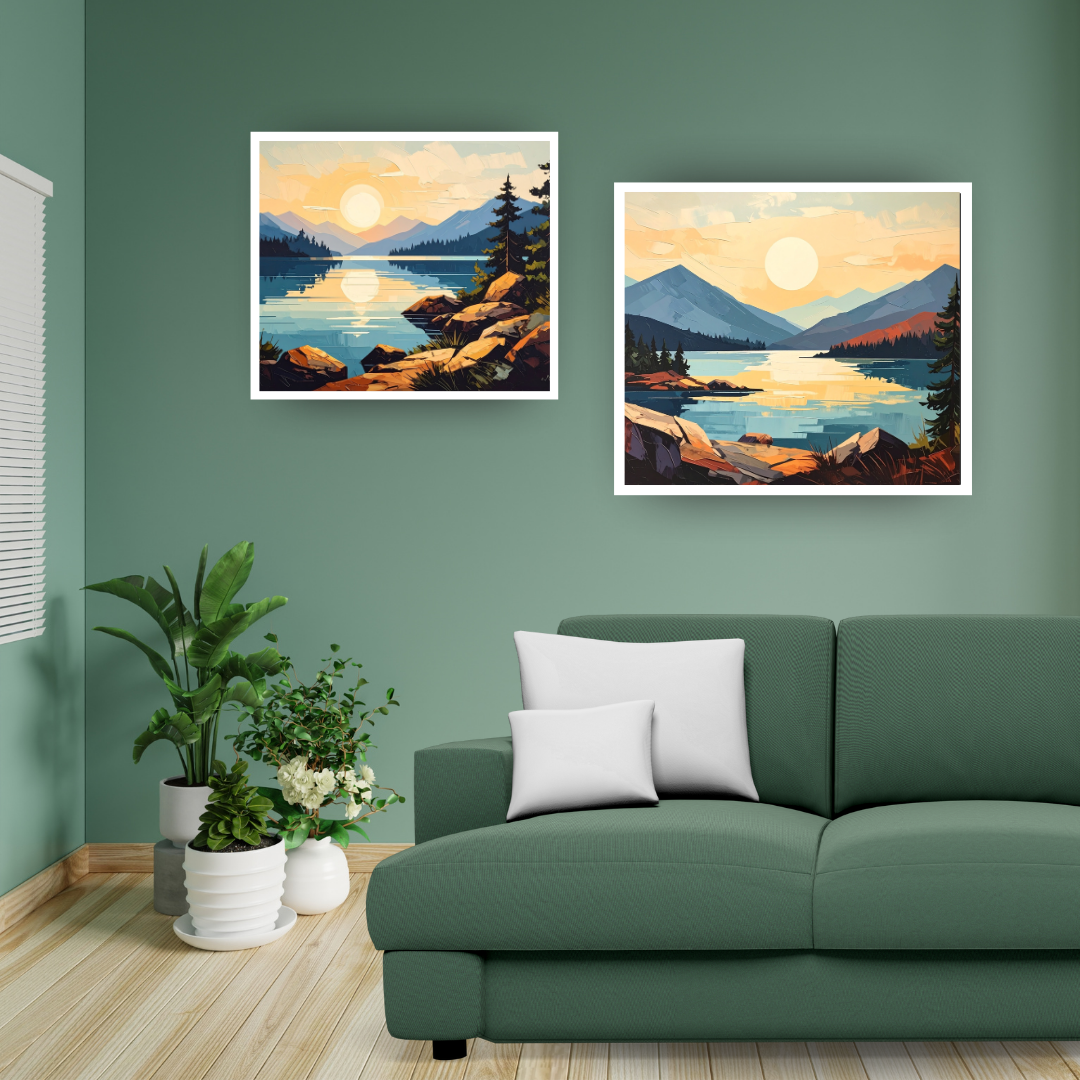Geometric Mountain Lake Sunset Canvas Art - Retro Nature