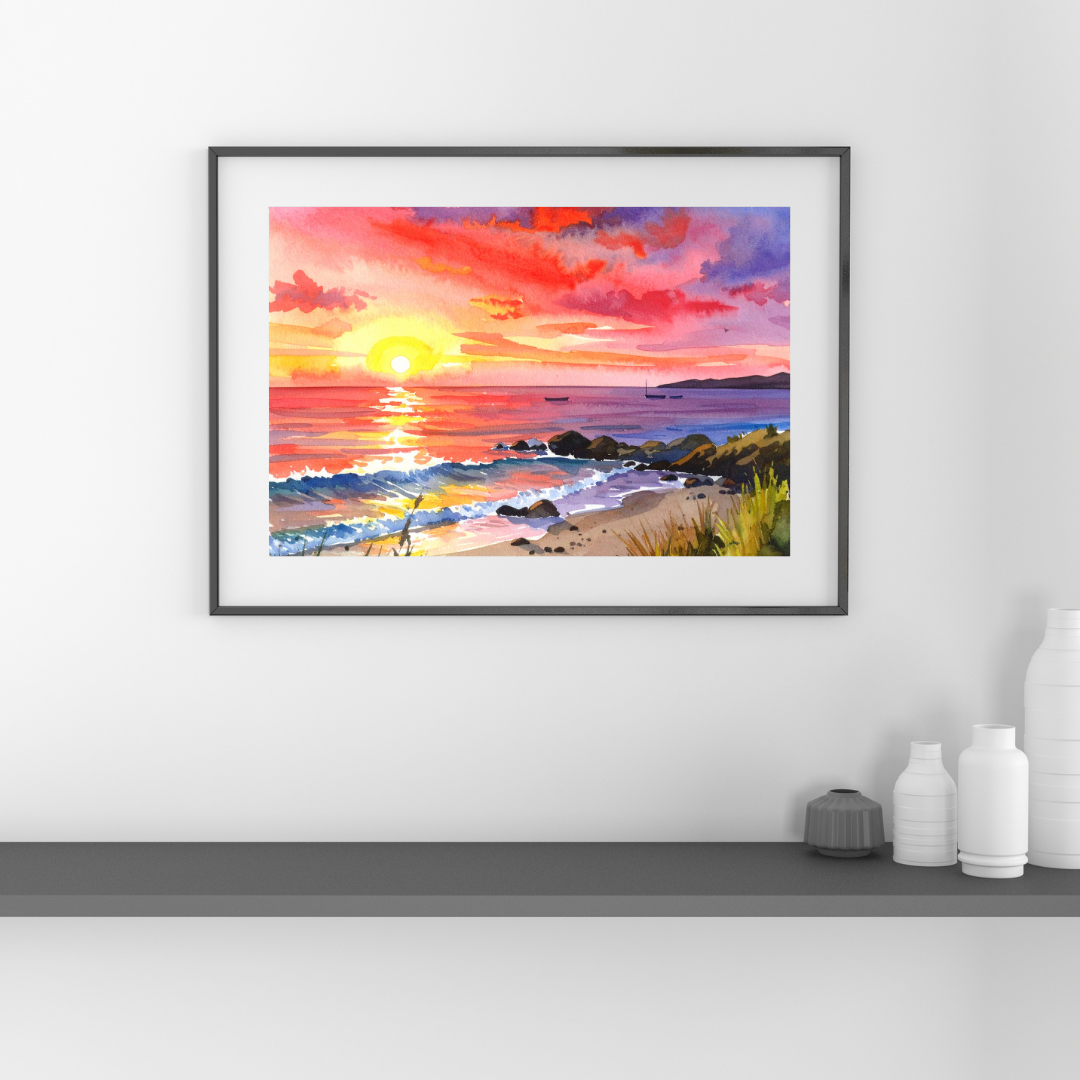 Sunset Beach Canvas Painting- Watercolor Coastal Wall Art