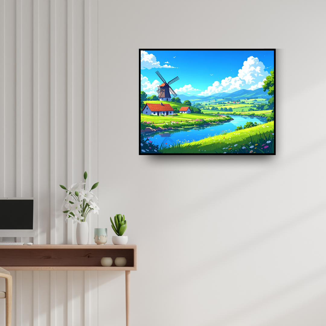 Countryside Windmill Landscape Art - Nature Canvas Painting