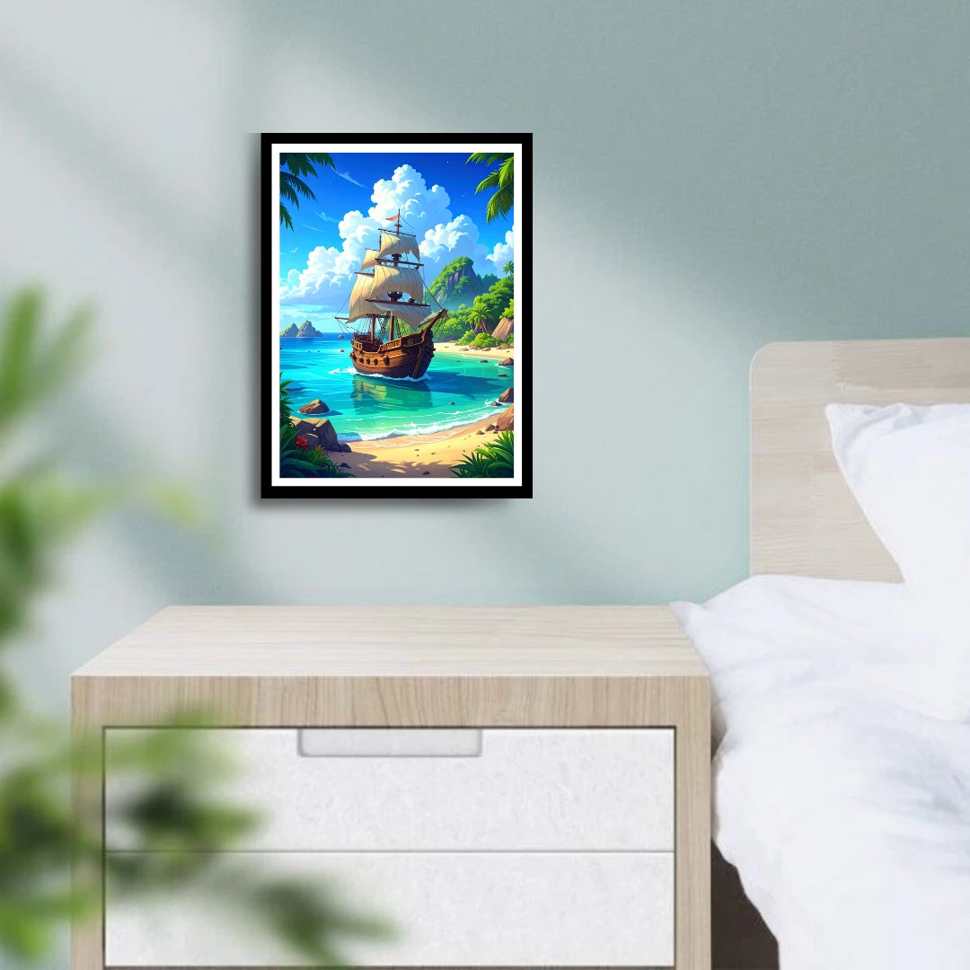 Tropical Paradise Pirate Ship Retro Canvas Art