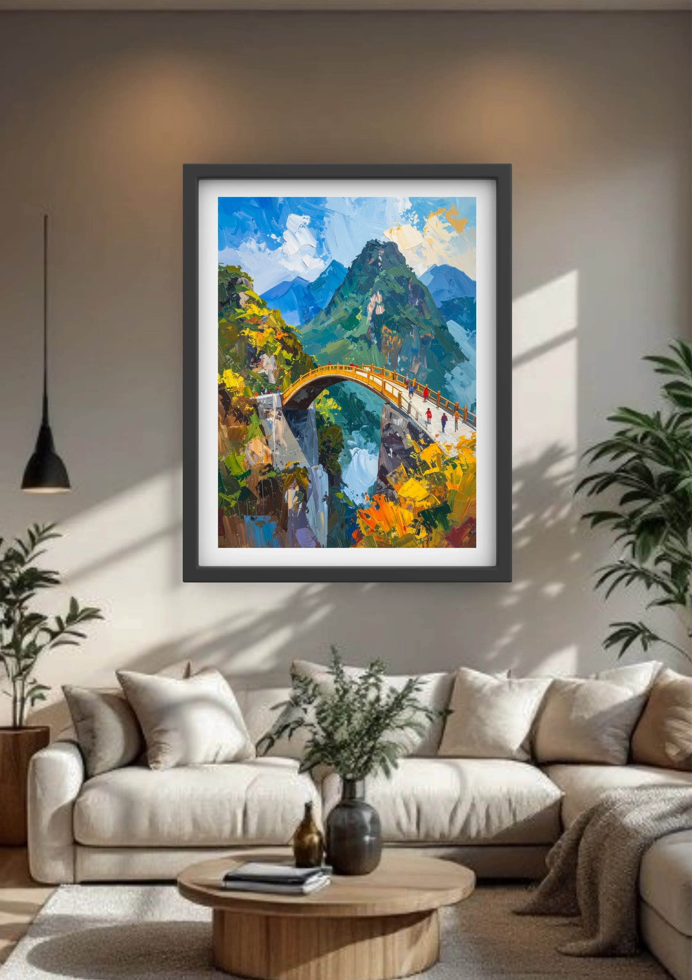 Nature inspired mountain bridge canvas wall art