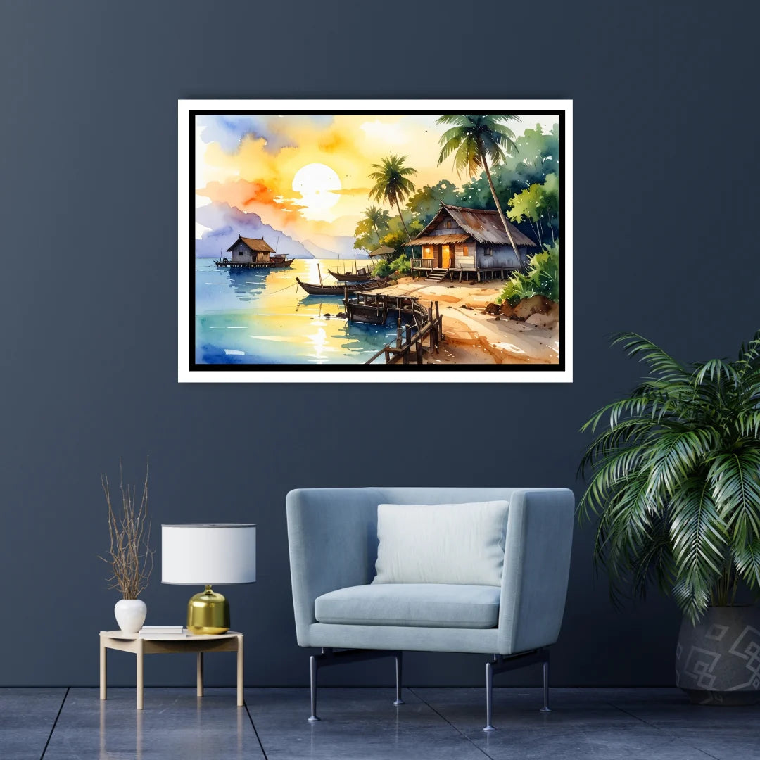 Tropical Beach Village Sunset Watercolor Painting – Wall Art Canvas