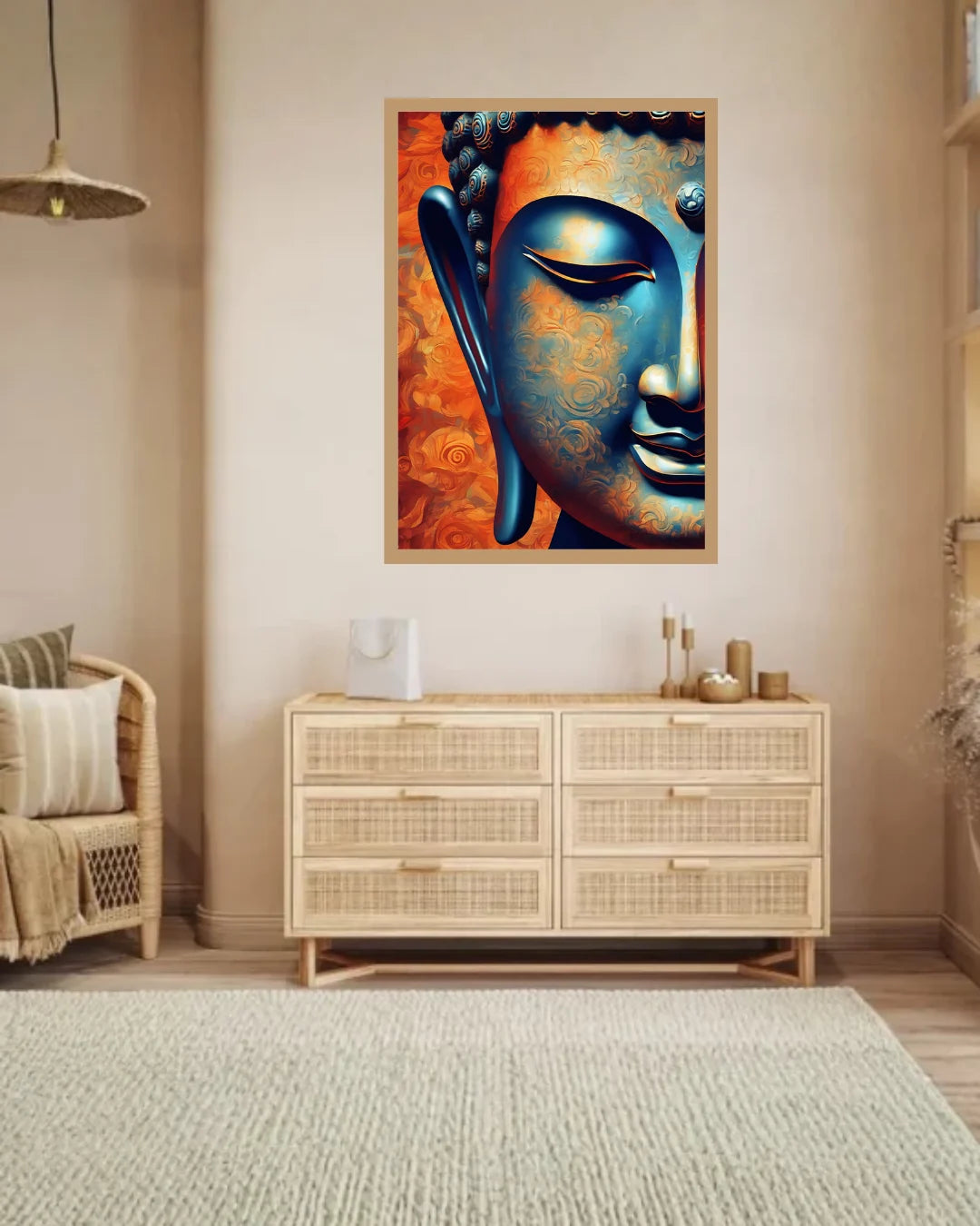 A framed wall art print featuring a stylized blue Buddha head with orange and gold ornamental details, displayed above a light wood dresser in a beige living room.
