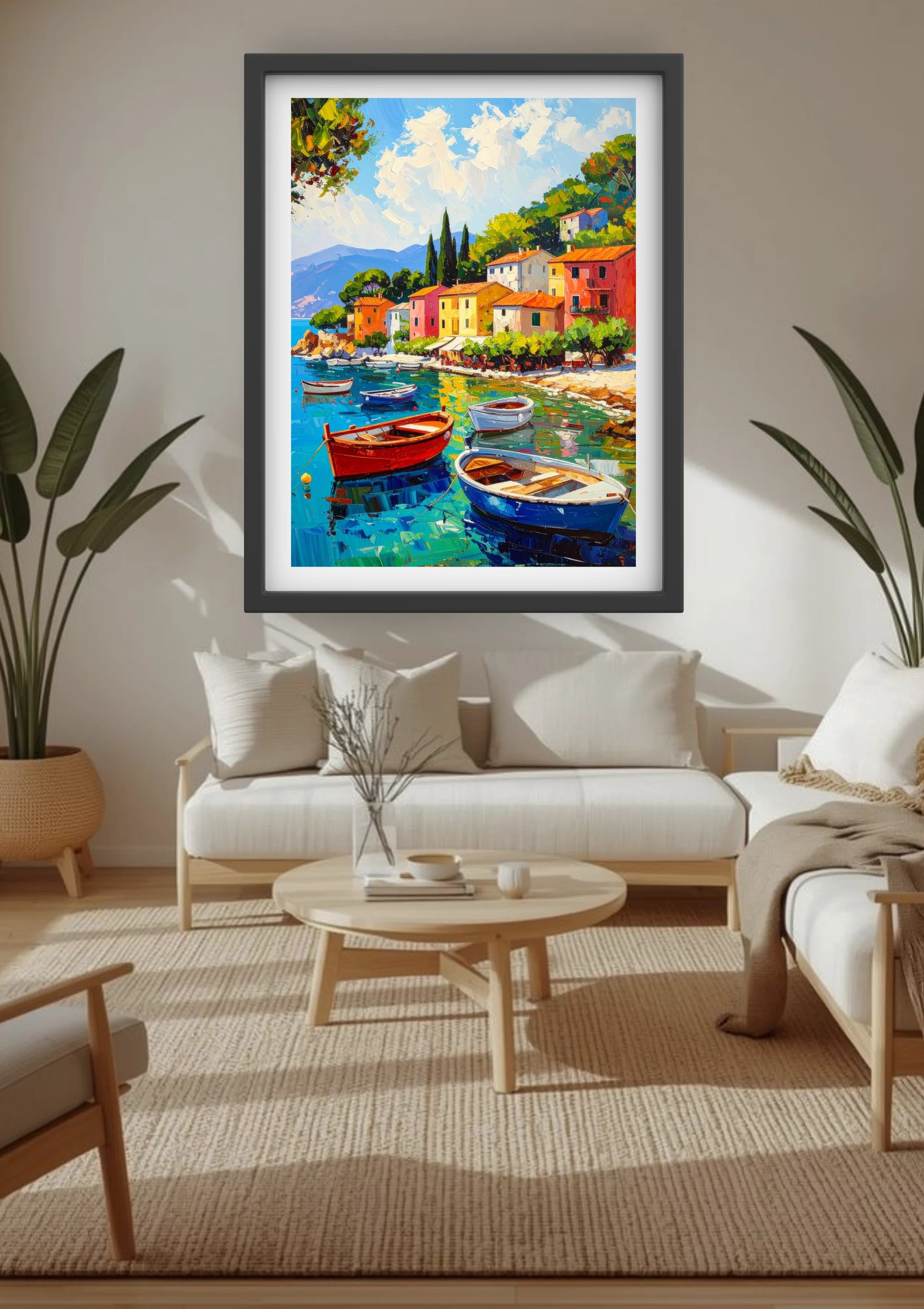 Bright coastal village illustration canvas art