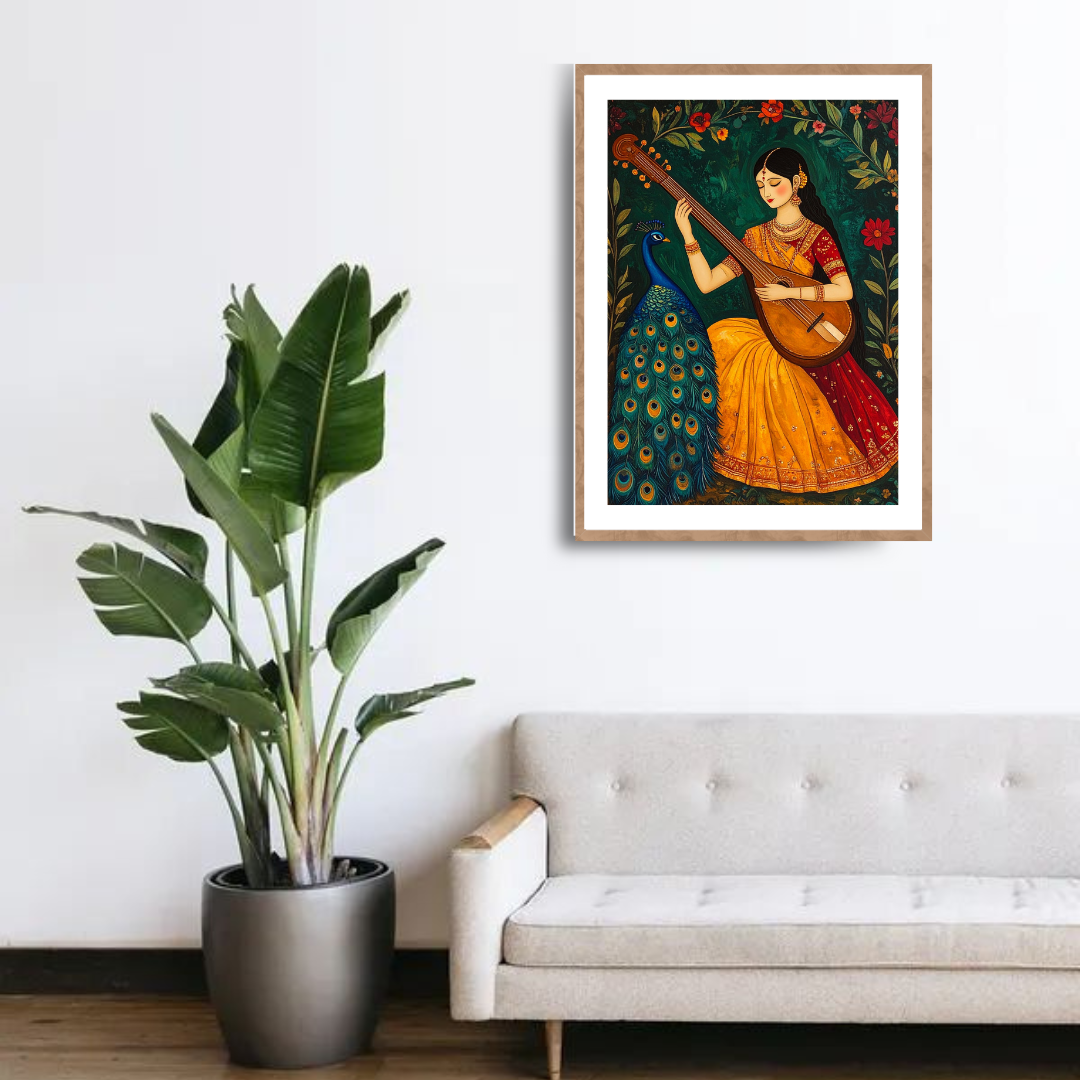 Indian Woman Sitar Peacock Traditional Canvas Art