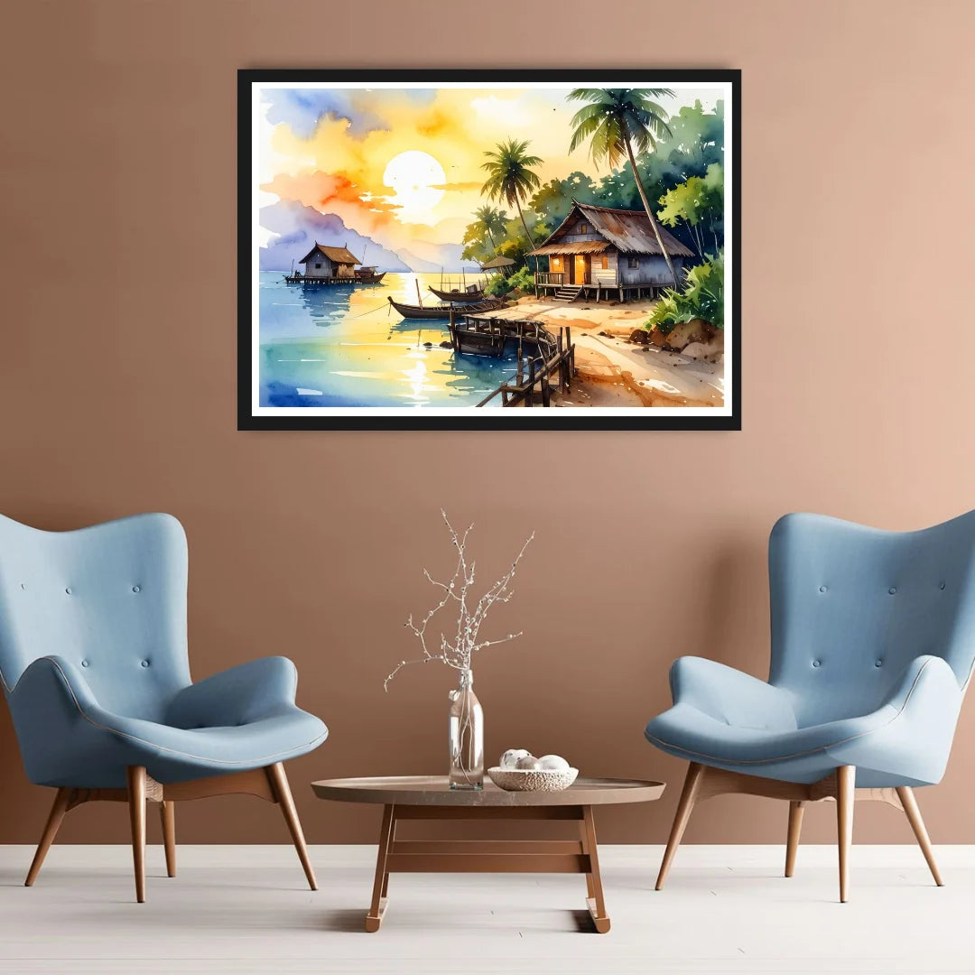 Tropical Beach Village Sunset Watercolor Painting – Wall Art Canvas