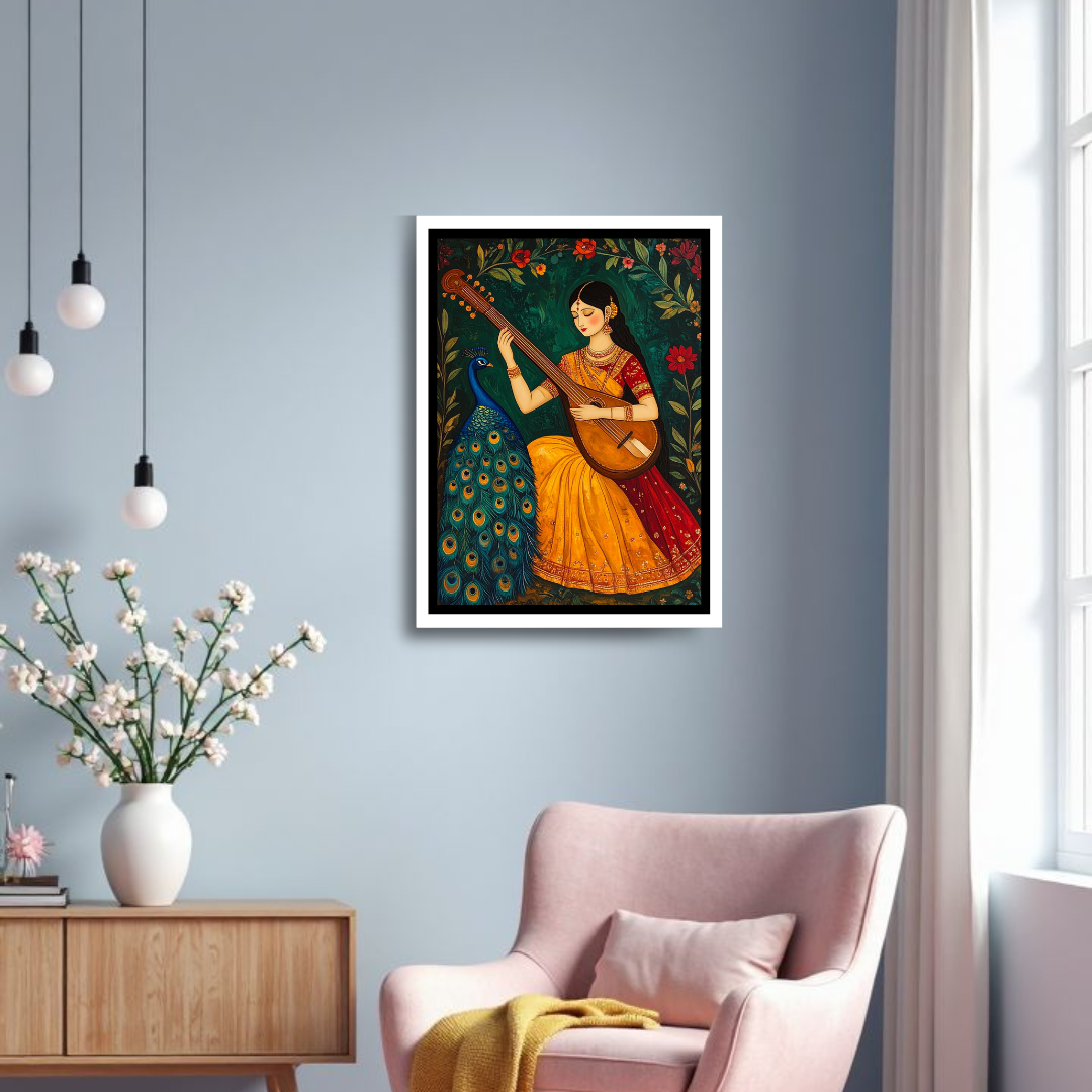 Indian Woman Sitar Peacock Traditional Canvas Art