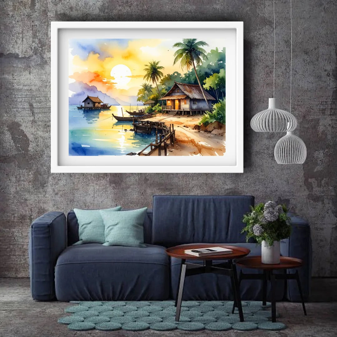 Tropical Beach Village Sunset Watercolor Painting – Wall Art Canvas