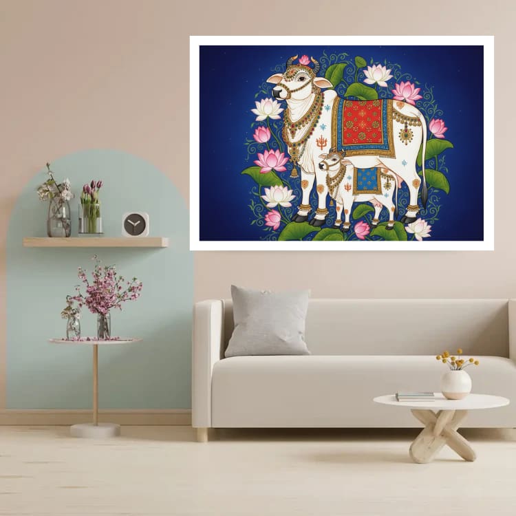 Divine Kamdhenu Cow & Calf – Royal Blue Lotus Wall Art Canvas WallArtVibes