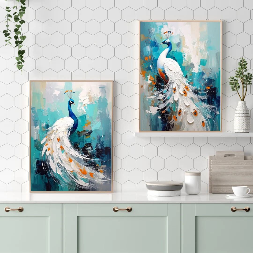 White Peacocks Diptych - Set Of 2 - Wall Art Canvas