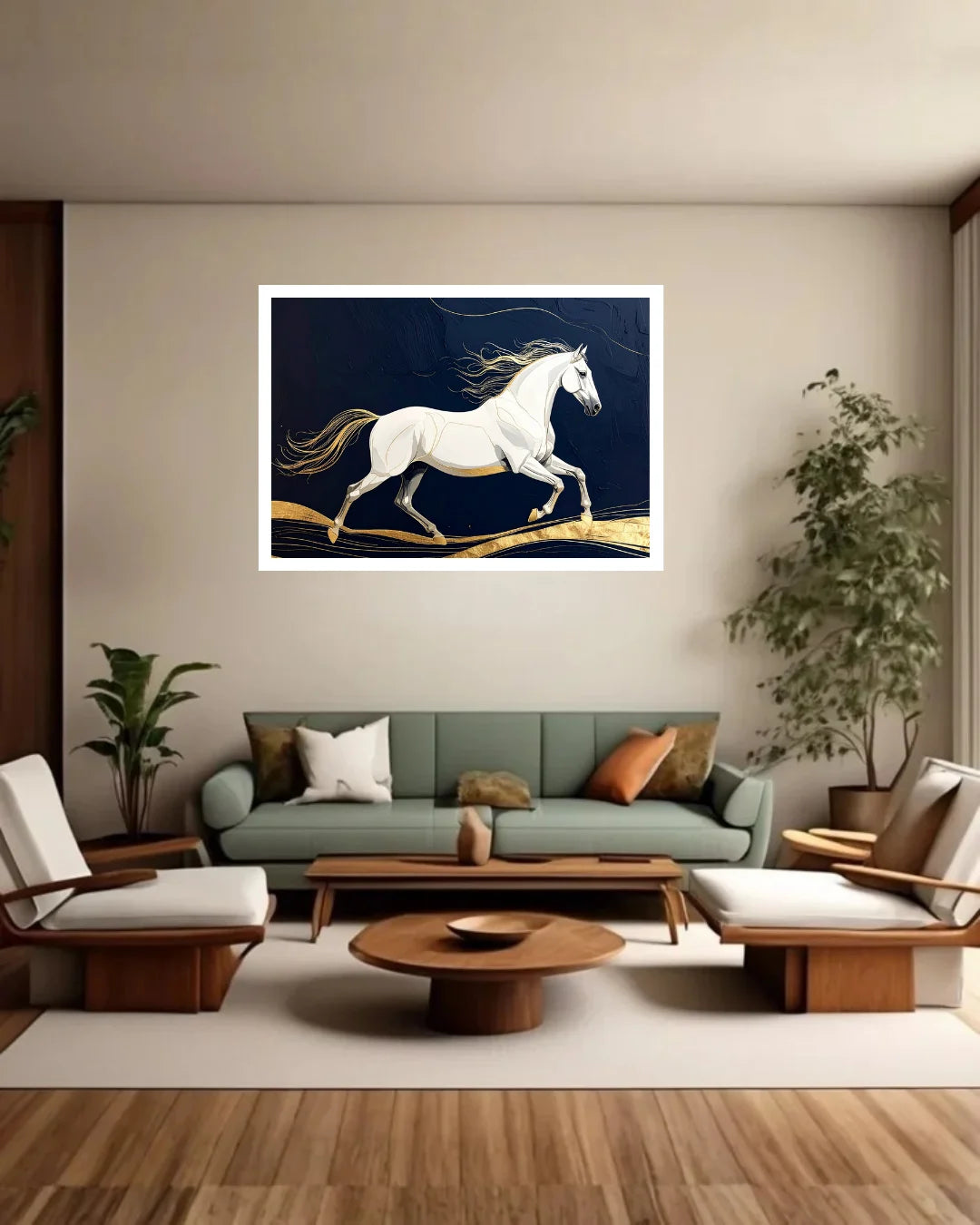 Majestic White Horse Navy & Gold Wall Art Painting WallArtVibes