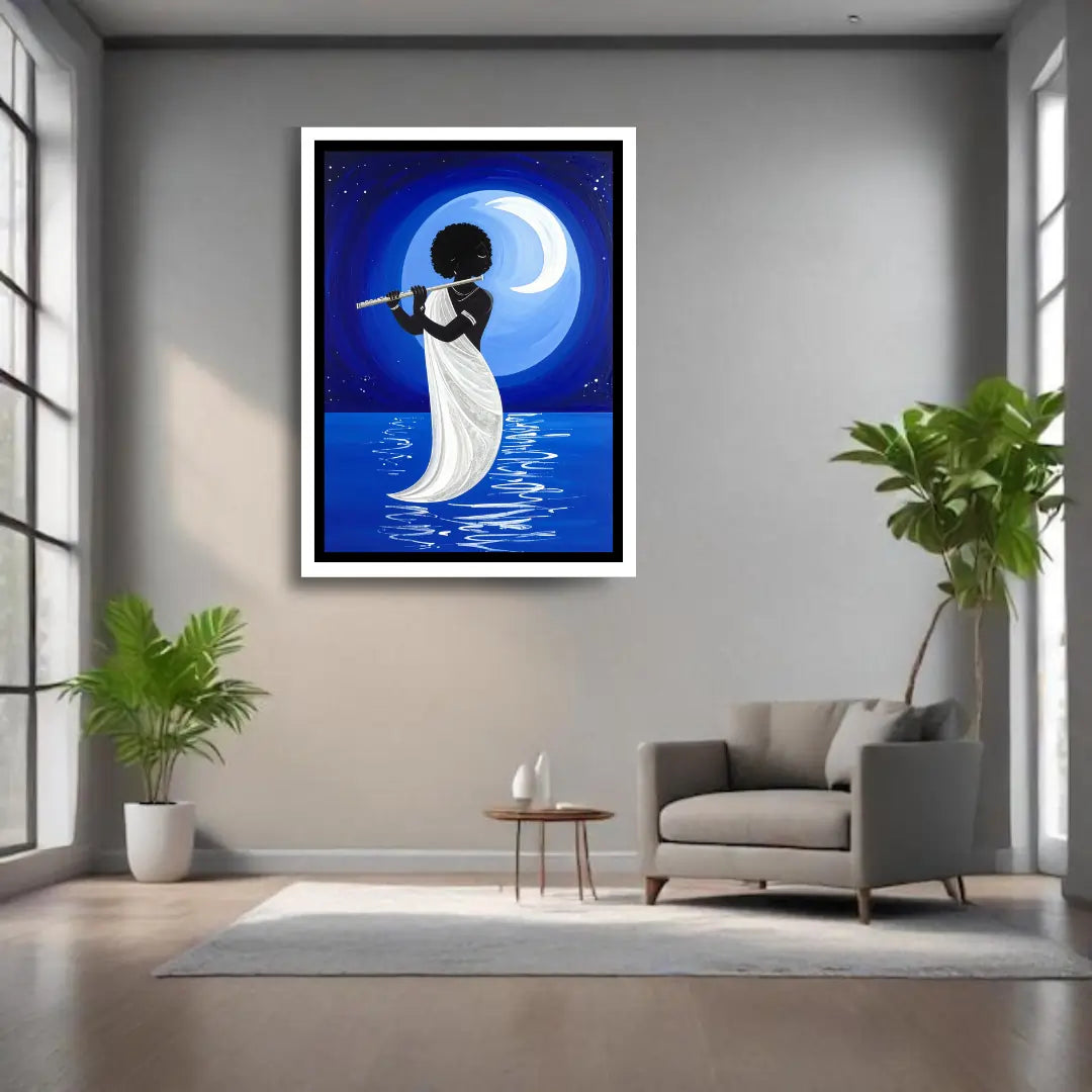 Moonlit Flute Player Wall Art – Mystical Night Canvas Painting for Modern Décor