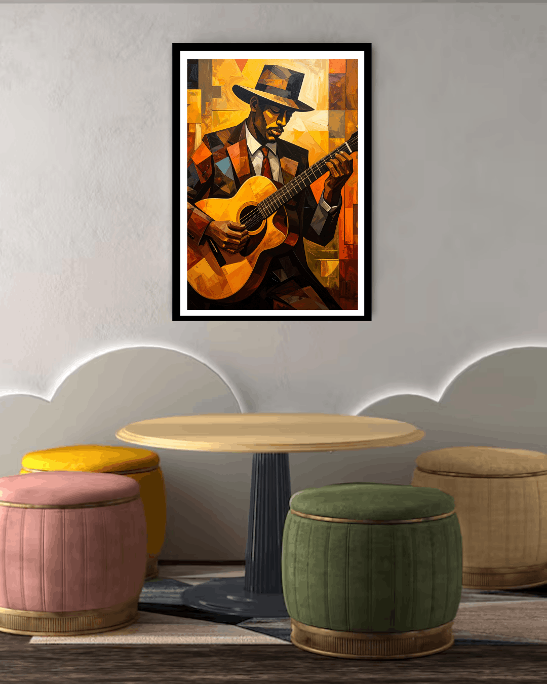 Framed artwork of a man playing guitar on a wall above a table with colorful stools.