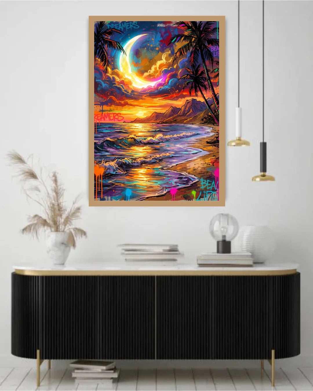 Colorful abstract painting of a sunset over water with palm trees, framed and hanging on a white wall above a black console table.