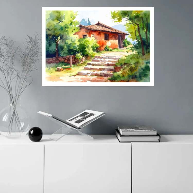 Peaceful Village House Watercolor - Wall Art Canvas