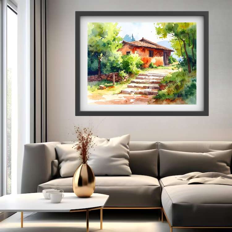 Peaceful Village House Watercolor - Wall Art Canvas