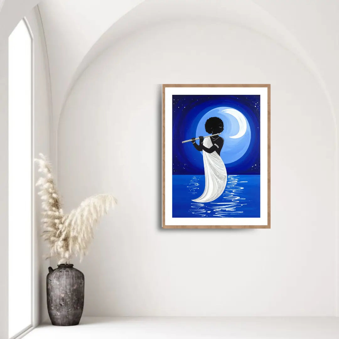 Moonlit Flute Player Wall Art – Mystical Night Canvas Painting for Modern Décor