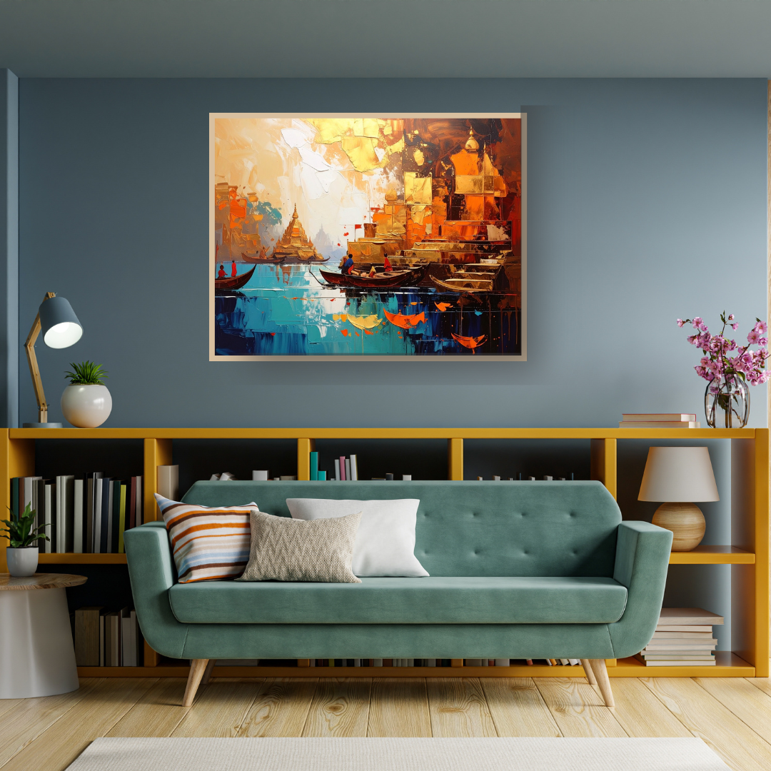 Asian Temple Waterfront Art - Pagoda & Boats Canvas Painting