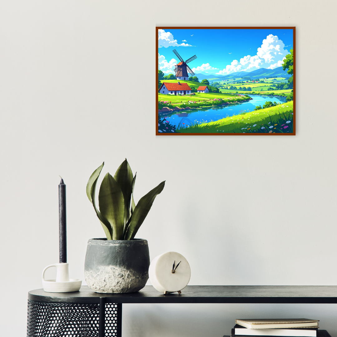 Countryside Windmill Landscape Art - Nature Canvas Painting