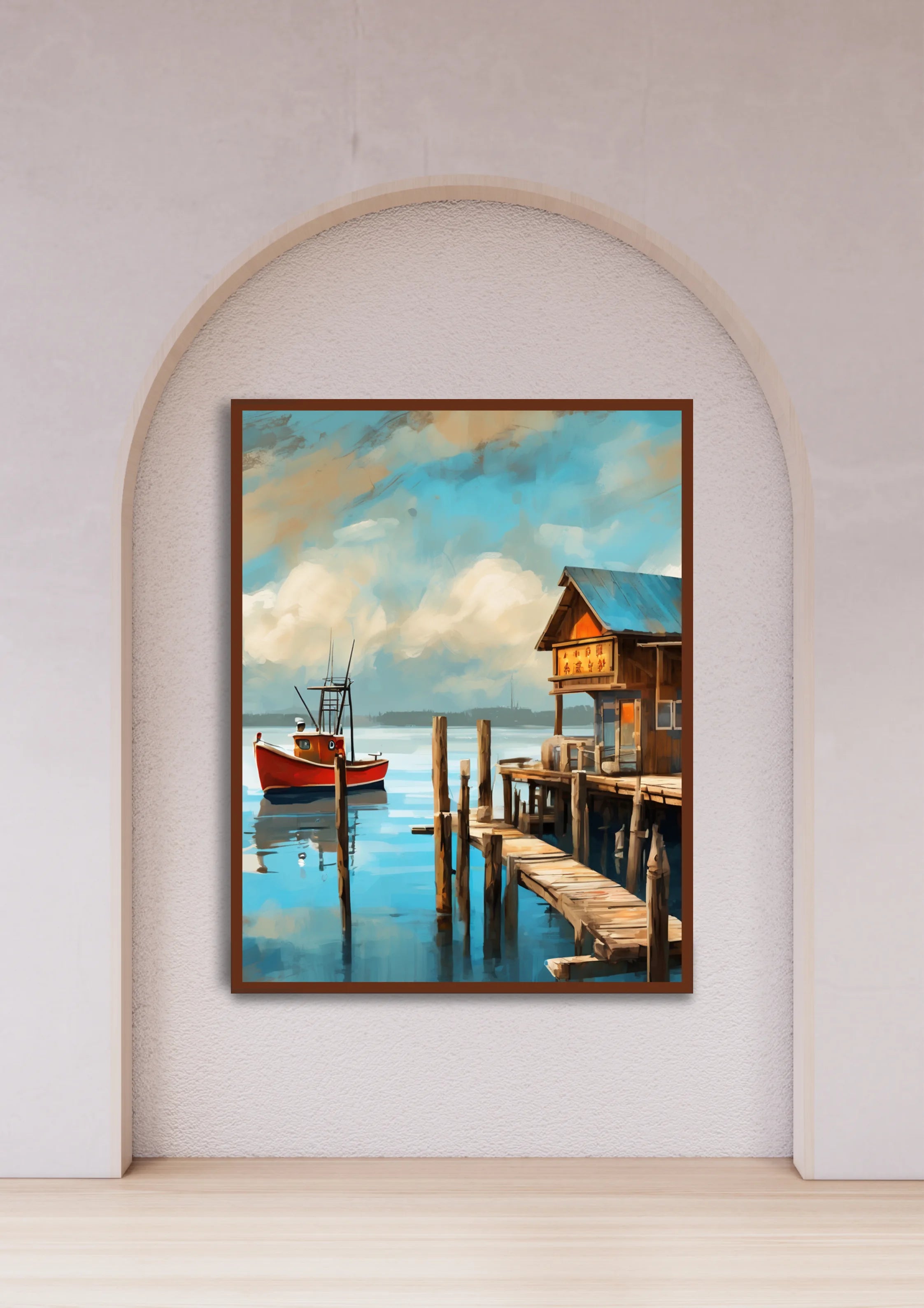 Scenic wooden boat wall art canvas displayed above sofa in modern living room