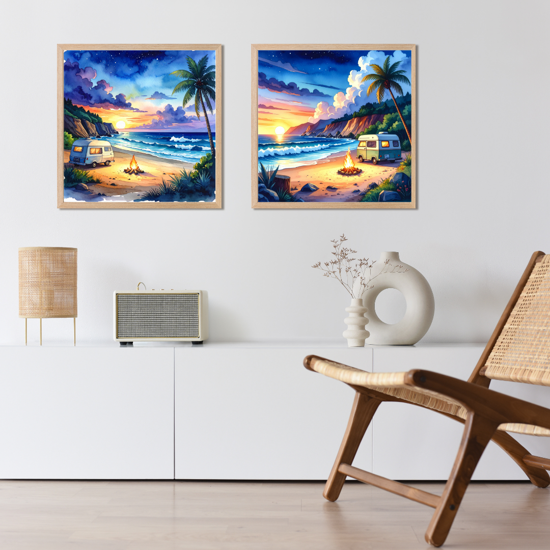 70s Beach Van Sunset Canvas - Retro Hippie Surf Painting