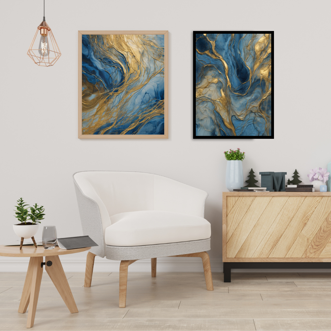 Blue Gold Fluid Art Set - Abstract Marble Diptych Canvas