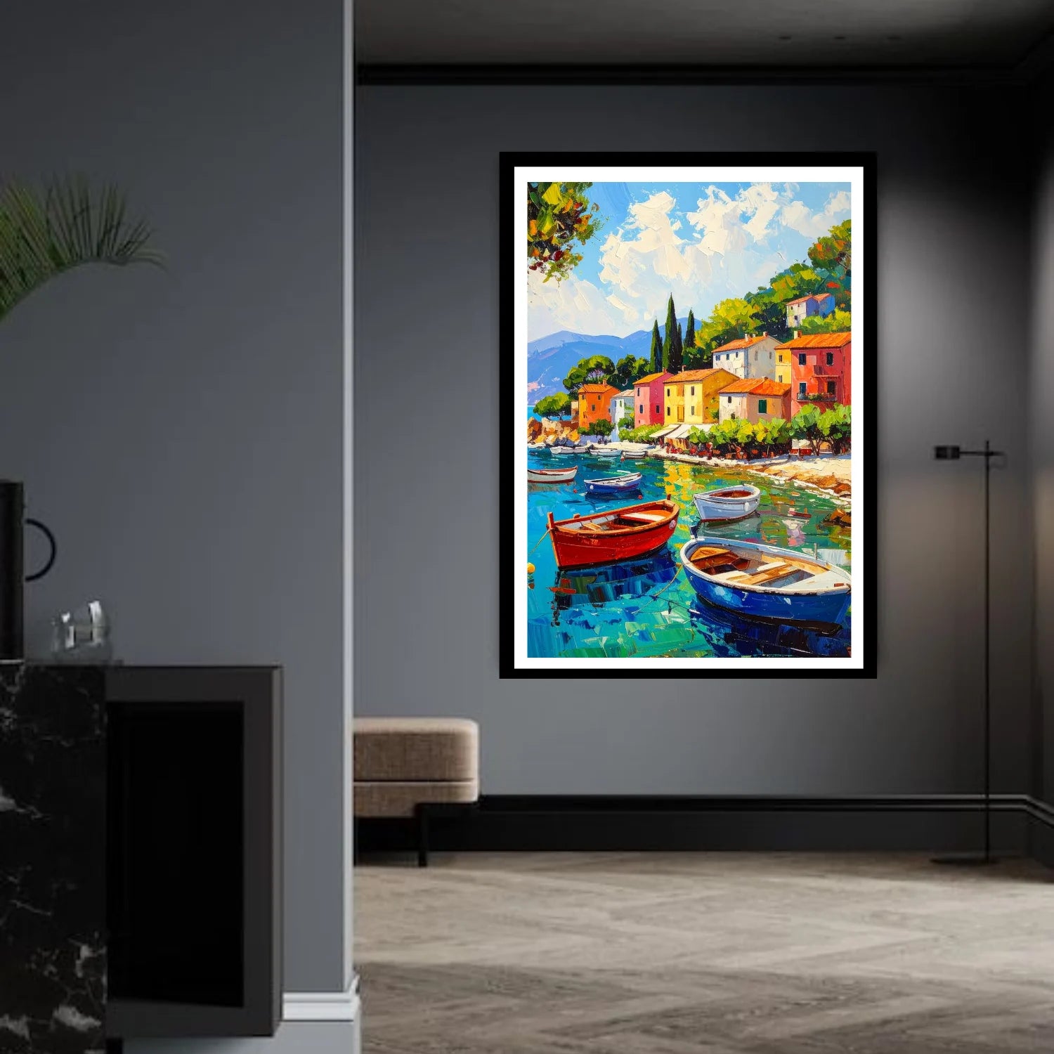 Colorful lakeside village canvas wall art painting