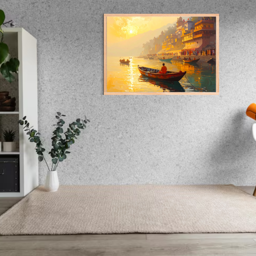 Varanasi ghat canvas wall art on minimal interior wall