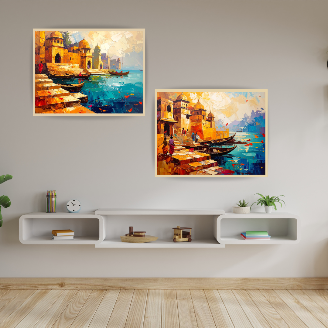 Indian Ghat Heritage Canvas Art - Traditional Riverside Wall Art
