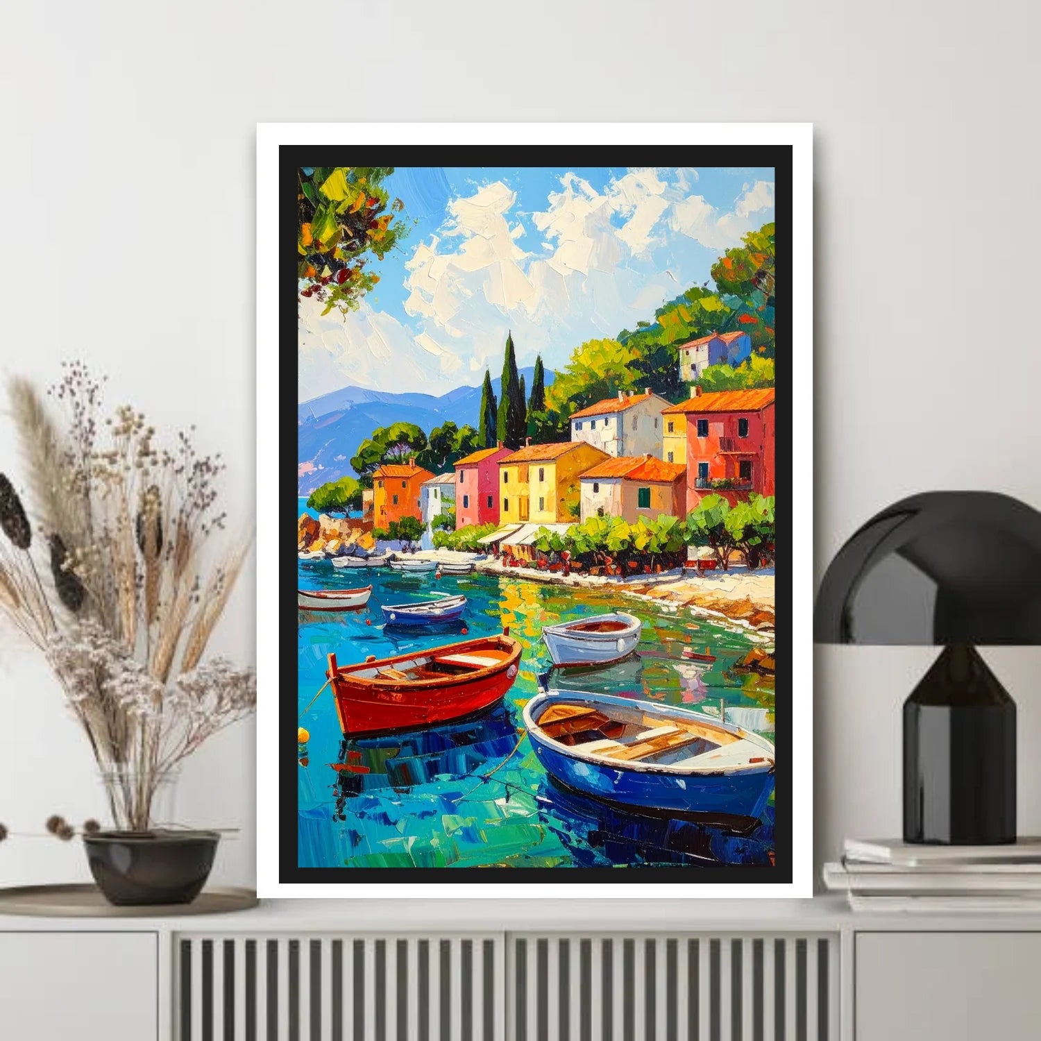 Scenic harbor boats canvas painting artwork