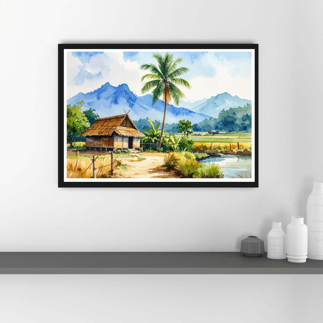 Beautiful Village Landscape Watercolor Painting – Wall Art Canvas