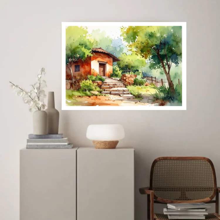 Rustik Indian Village Home Watercolor Canvas Painting - Wall Art Canvas WallArtVibes