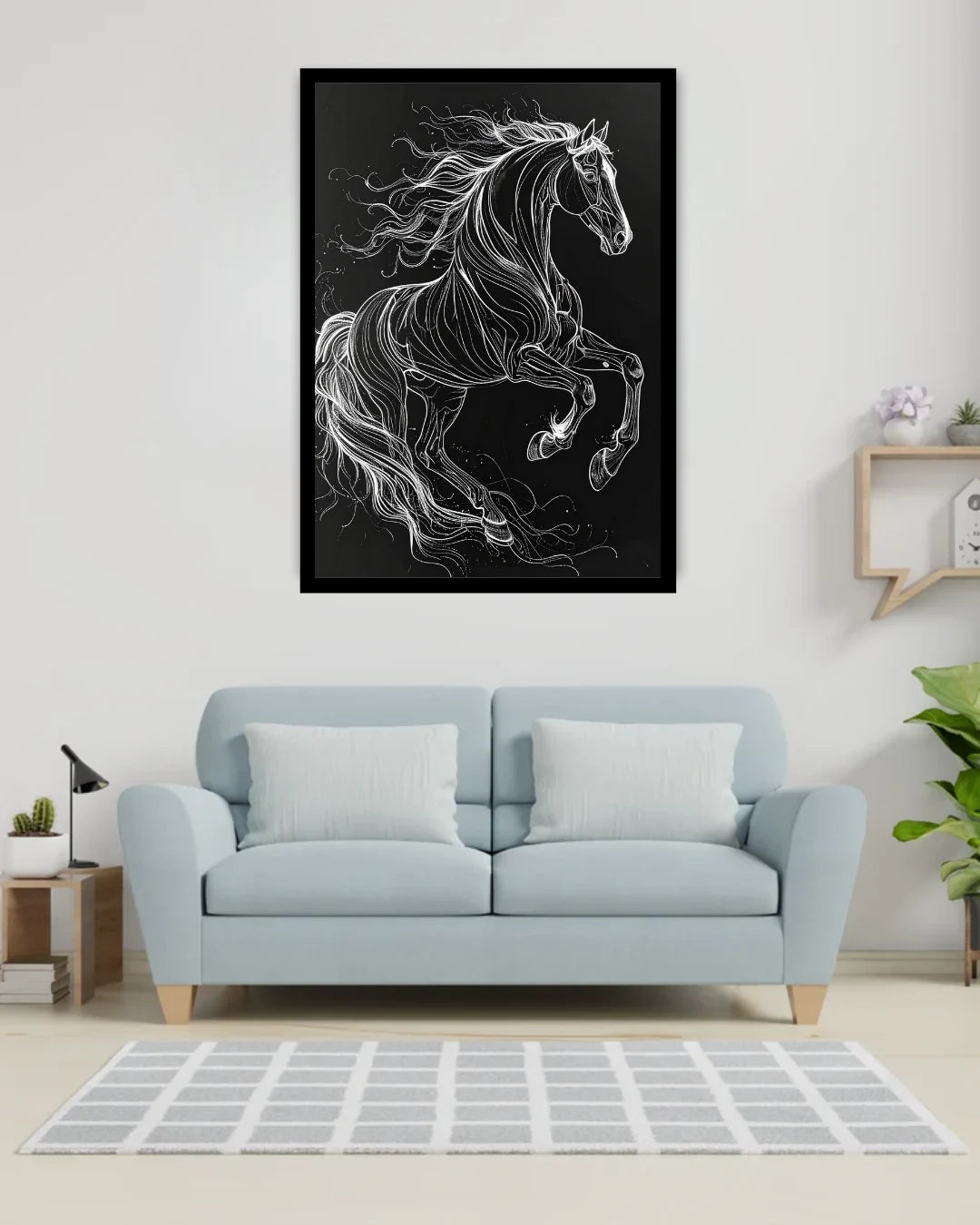 Majestic Black Horse Monochrome Line Art Painting