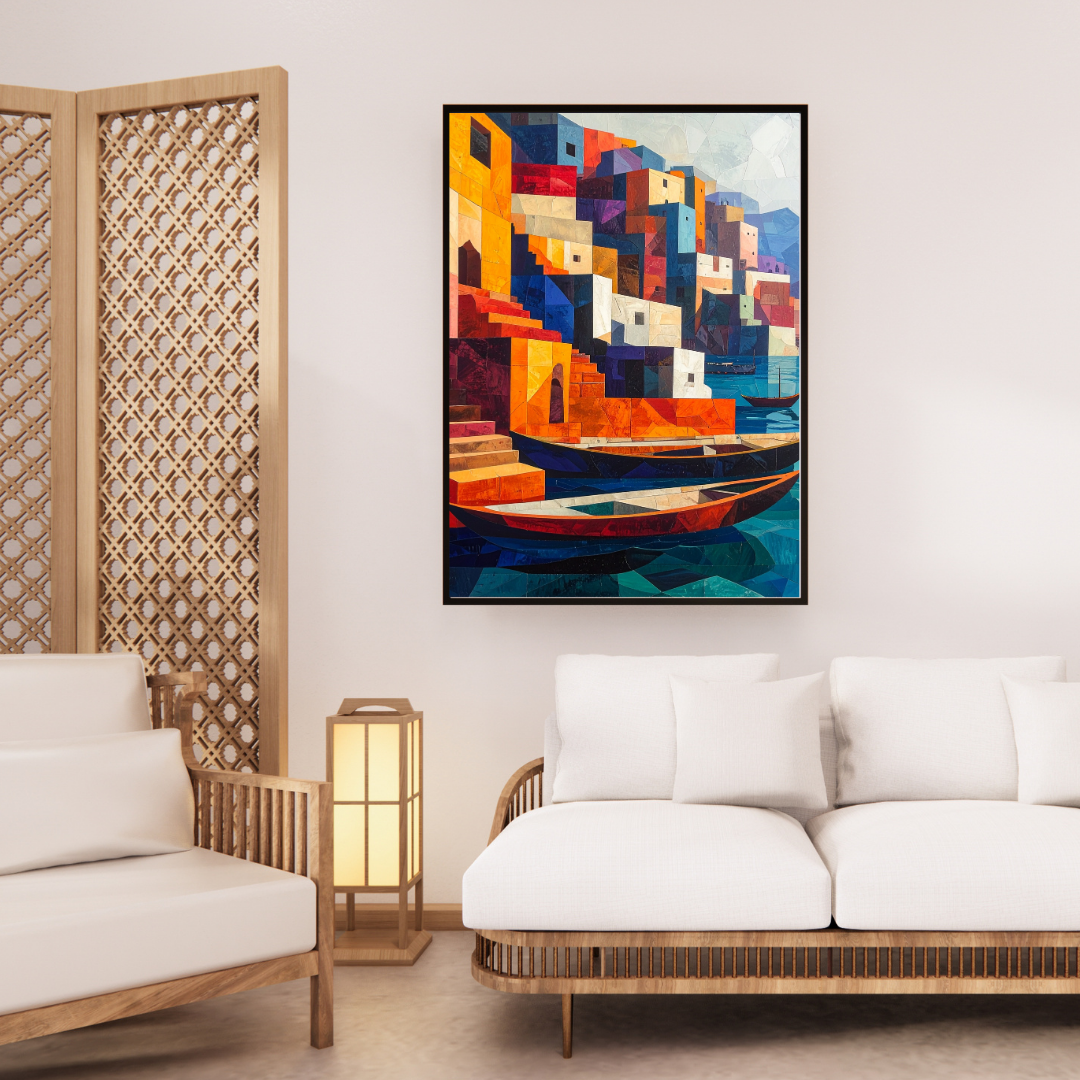 Cubist Riverfront: Boats and Sunlit Steps